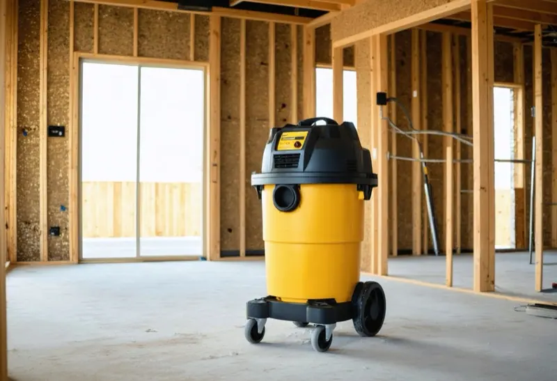Yellow and black HEPA dust extractor standing in a gutted room during a home renovation