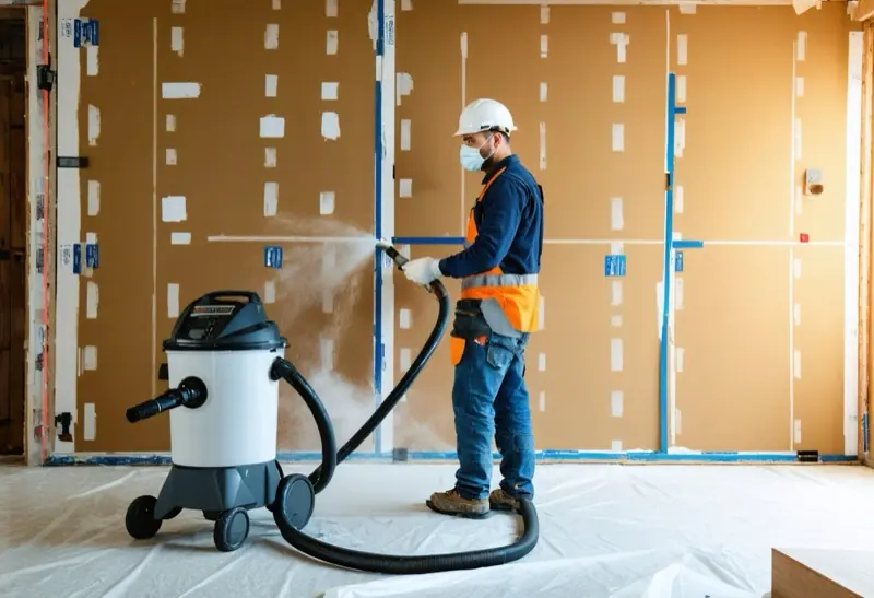 Worker in a mask and hard hat with a vacuum hose cleaning drywall dust in a room under renovation